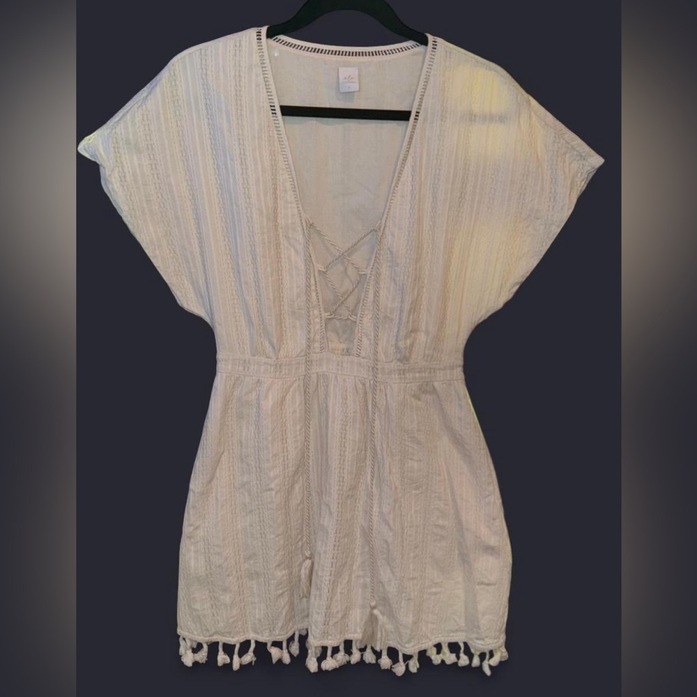 Ale by Alessandra Cream Lace-Up V-Neck Short Sleeve Boho Dress w Pockets Tassels